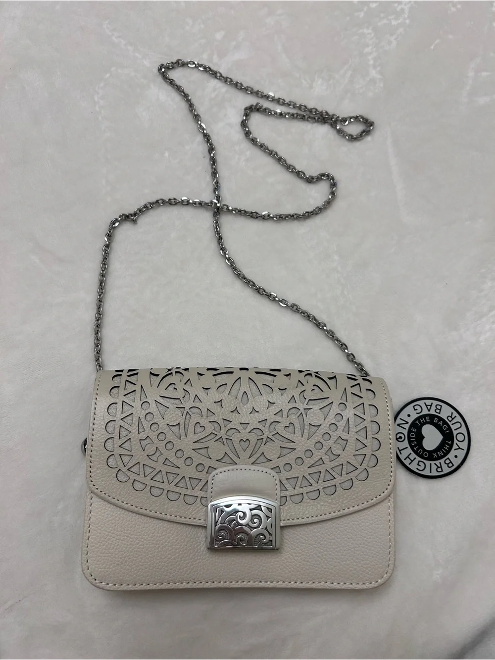 Brighton Cream Laser-Cut Crossbody with Silver Chain